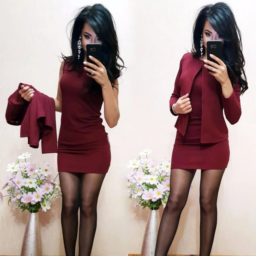 

2019 Office Lady Suits Sexy Sheath O-Neck Above Knee Mini Dress Full Sleeve Casual Coat Two Pieces Women Sets, As shown