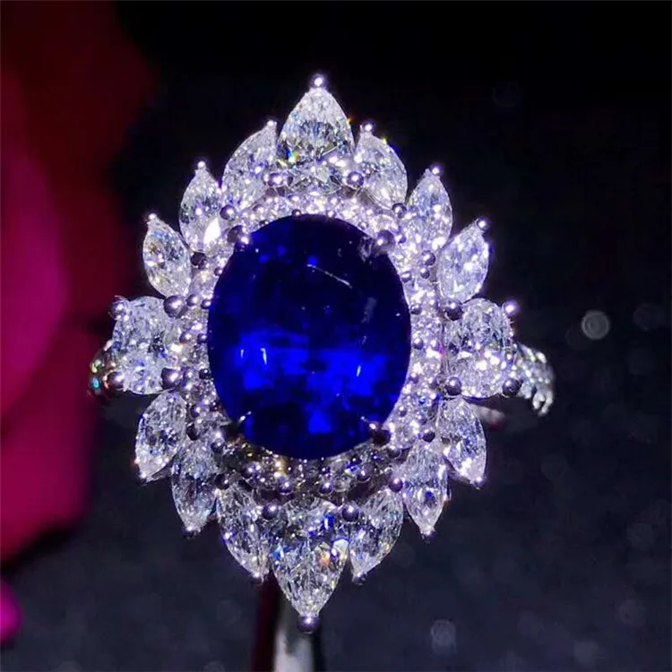 

18k white gold South Africa real diamond oval mixed cut Sri Lanka 3.67ct natural unheated blue sapphire ring for women
