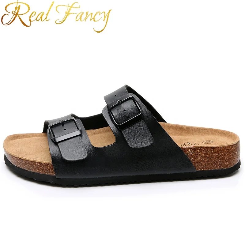 

New Design Black Unisex Slides Sandals PU Leather Double Strap Flat Soft Cork Sandals, Brown,black