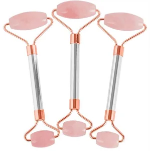 2019 Silver Metal Handle Rose Quartz Pink Jade Roller For Facial