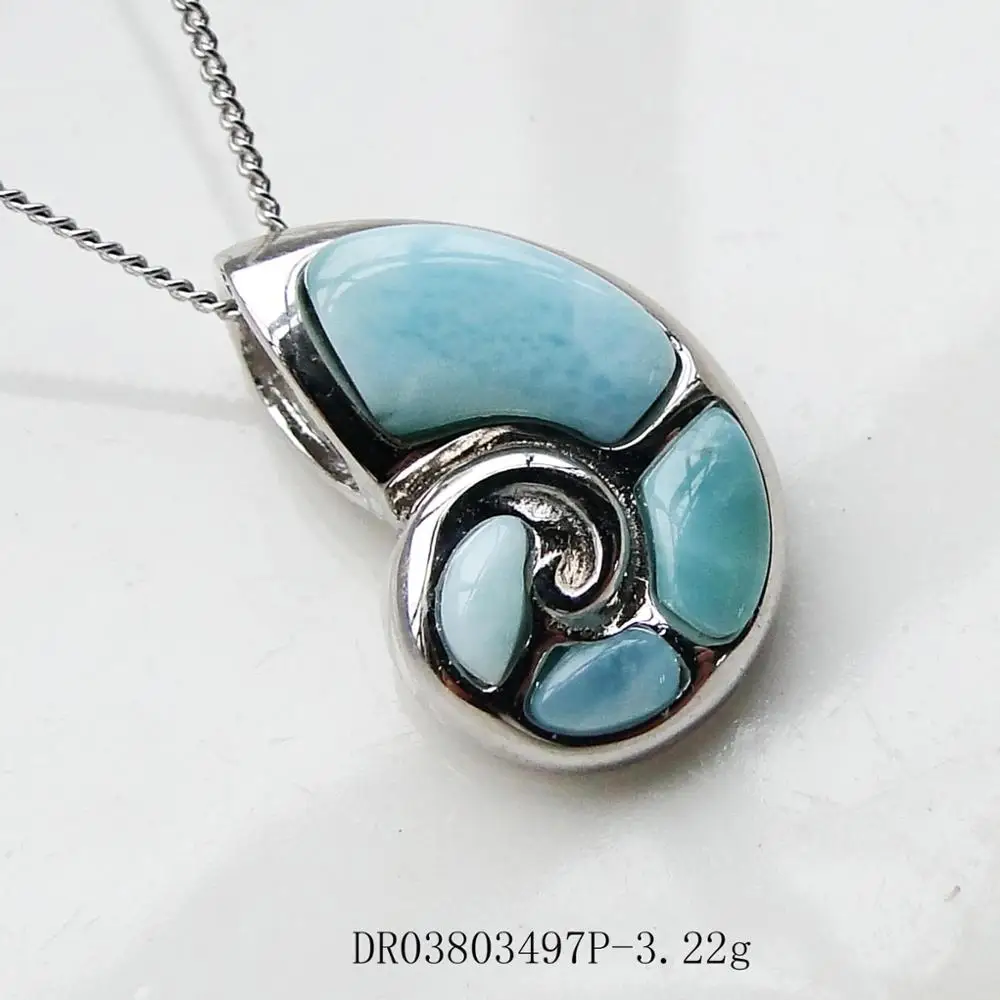 

925 Sterling Silver Sea Life Jewelry Natural Blue Larimar Conch Shell Pendant