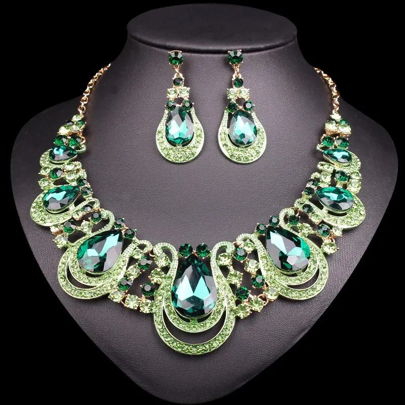 

2019 New Wedding Bridal Costume African Indian Jewelry sets Big Rhinestone Colorful Crystal Necklace Stud Earring Set Women