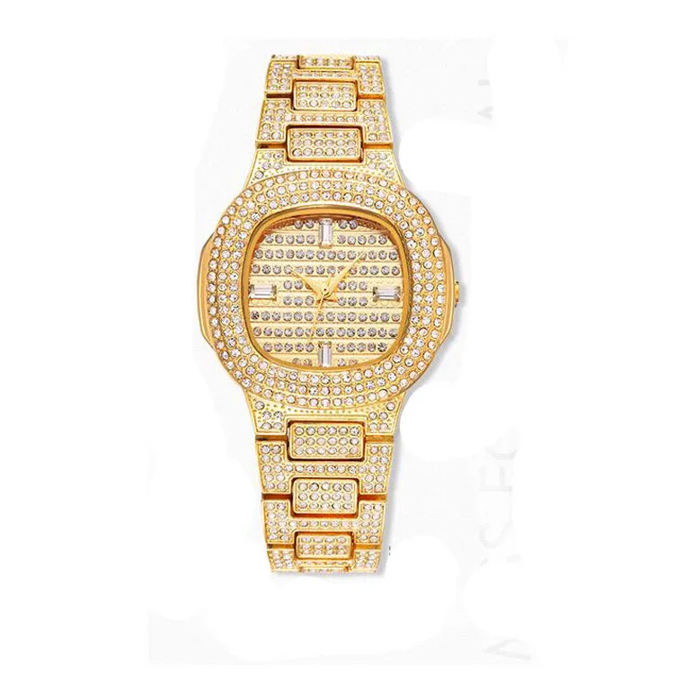 Hip Hop Luxury Square Quartz Waterproof Wristwatch,Gold Diamond Mens Iced Out Watch,2019 Fashion Charm Luxury Wrist Watch