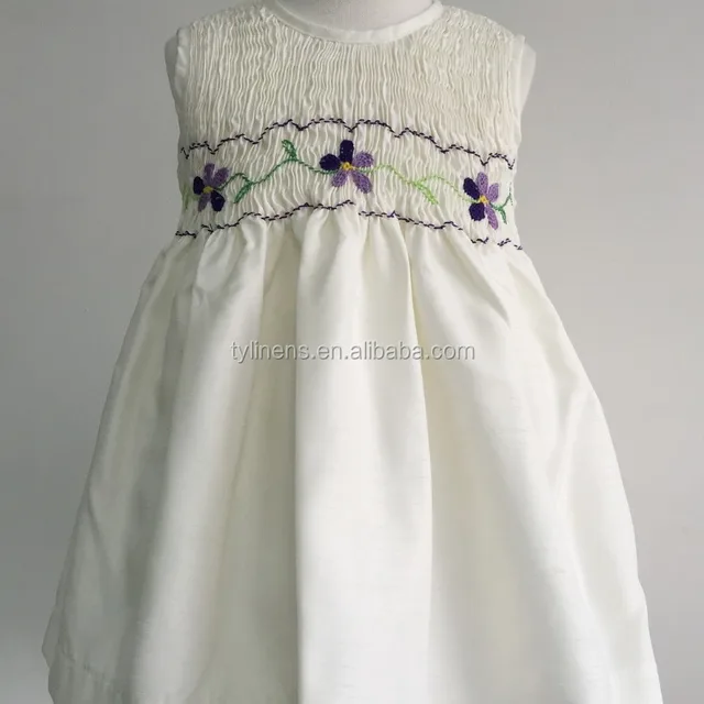 Ivory color shantung children wholesale smocked dresses with flower embroidery