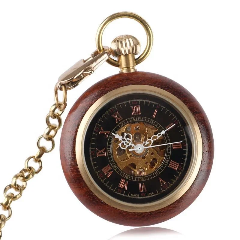 

Wood Mechanical Pocket Watch Retro Hand Winding Hollow Skeleton Clock Men thick Necklace FOB Pendant, Bronze