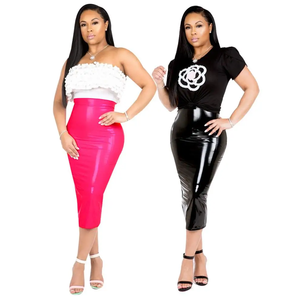 

Hot Fashion Sexy Faux Leather High Waist Slit PU Knee Pencil Bodycon Skirt with zipper