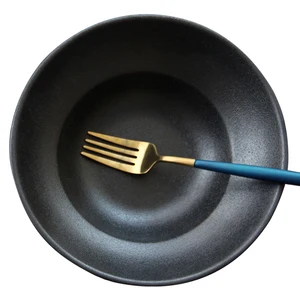 ceramic porcelain salad bowl with lines pattern for restaurant black noodle bowl