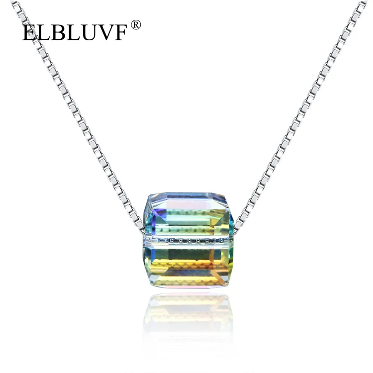 

ELBLUVF 925 Sterling Silver Chain AAA Austria Crystal Cube Square Women Necklace Jewelry