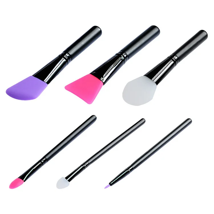 

black wood handle women fashion 6pcs face eyeliner silicone cute mask brush makeup set, White, pink, purple