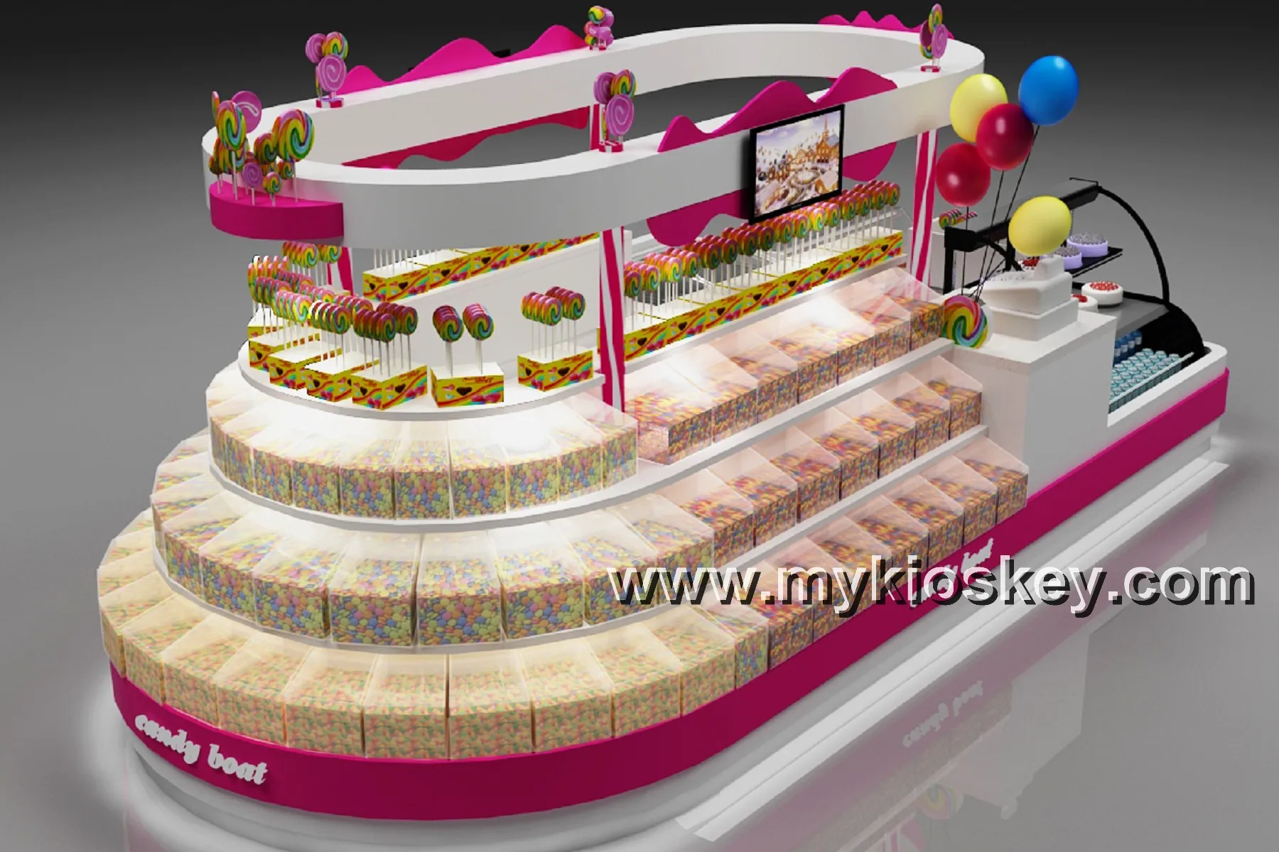 Functional 18 by 8ft sweet cotton candy kiosk , nut dried fruit display