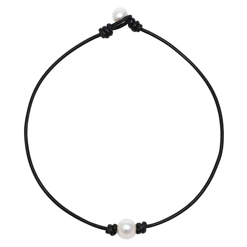 

Black Genuine Leather Cord Knotted Single Fresh Water Pearl Necklace Real Pearl Collar Necklace