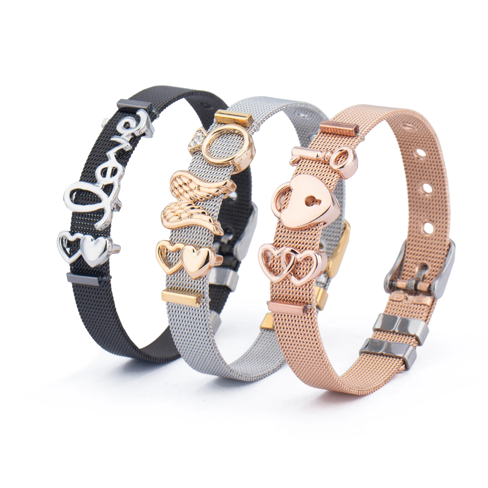 Silver Gold Plated Custom Slide Alphabet Letter Stainless Steel Mesh Charm Bangles Bracelets For Women And Girls Design Making