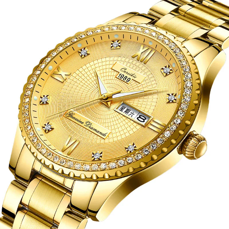 2019 Fashion Trend Diamond gold watch men wrist luminous double calendar watch