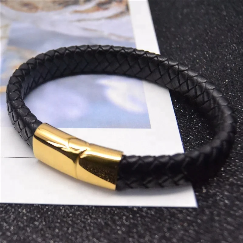 Genuine Leather Bracelet Men Gold Plated Stainless Steel Magnetic Clasp ...
