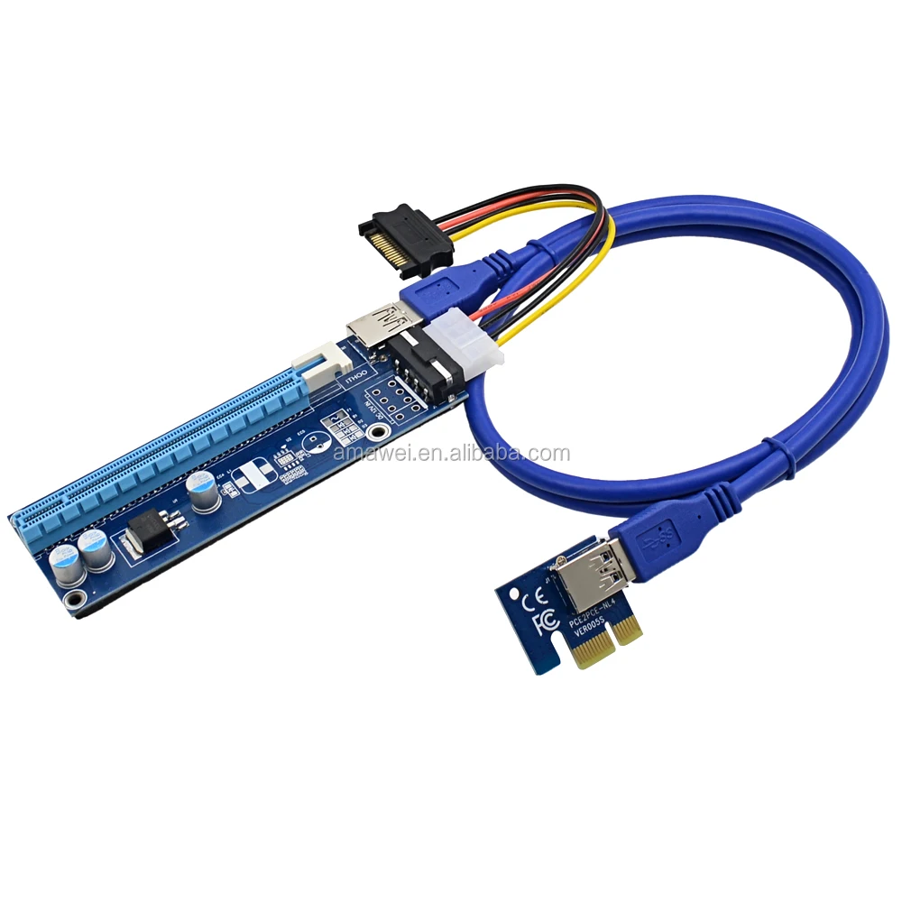 

PCIe PCI-E PCI Express Riser Card 1x to 16x USB 3.0 Data Cable SATA to 4Pin IDE Molex Power Supply for BTC Miner, Blue