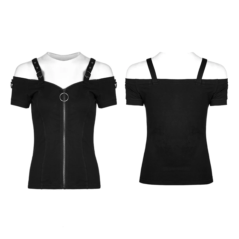 

Punk Rave Punk Cool Girls OT-506 Women Off Shoulder Black Silm Zipper T-shirts