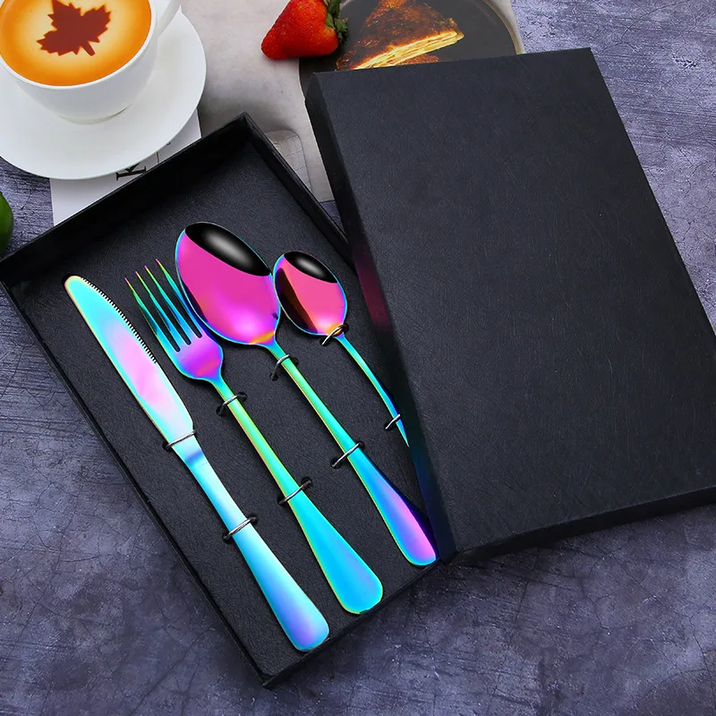 

Amazon Hot Sell 24pcs Rose Gold Stainless Steel Cutlery Set Service For 4 wedding Rainbow Color Flatware Set, Gold,rose gold,silver,black,rainbow