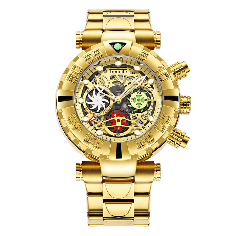 

TEMEITE brand mens wristwatches quartz Multifunction stainless steel man watch waterproof luxury gold Chronograph calendar DS-2