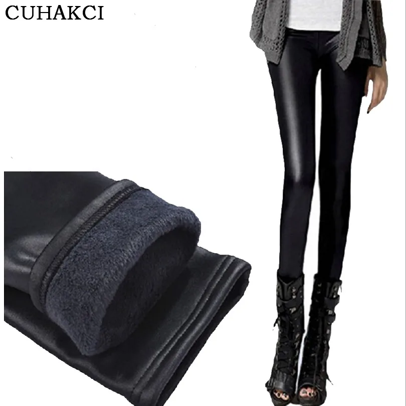 

CUHAKCI Super Thick Black Faux Leather Leggings Winter Tights Women's Warm Plush Casual Skinny Pants Ex-factory Price