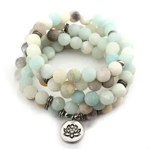 8mm Women Yoga Wrap Stone 108 Natural Matte Amazonite Bead Bracelet With Lotus OM Buddha Charm Dropshipping