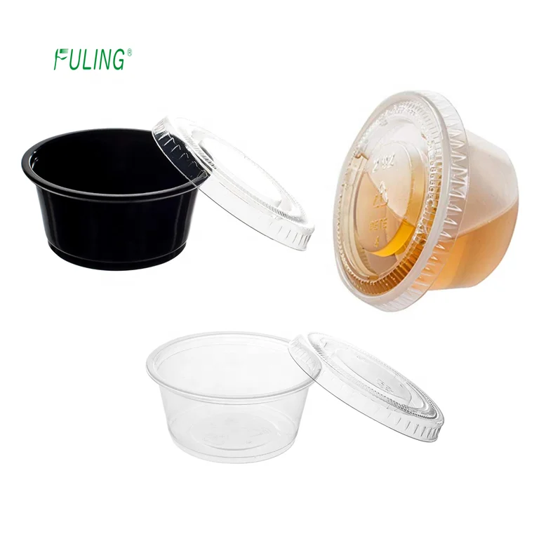 

customized resturant take out small 2oz disposable to go souffle condiment sauce container pack pp sauce cups 2 oz, Clear,black
