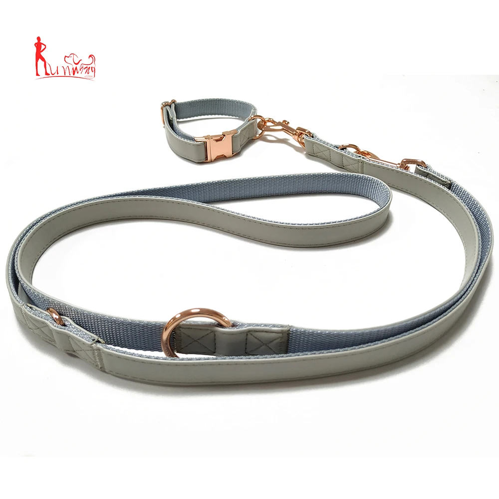 Custom Color Double Hooks Luxury Soft Leather And Nylon Dog Lead Leash And Collar Set With