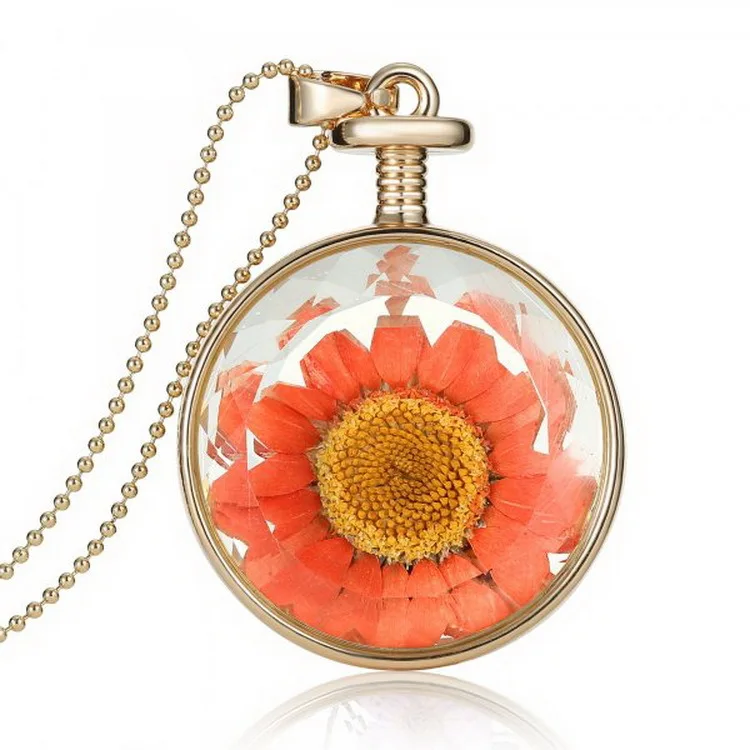 

Stock Round Shape Long Chain Pendant Dried Flower Necklace For Girls