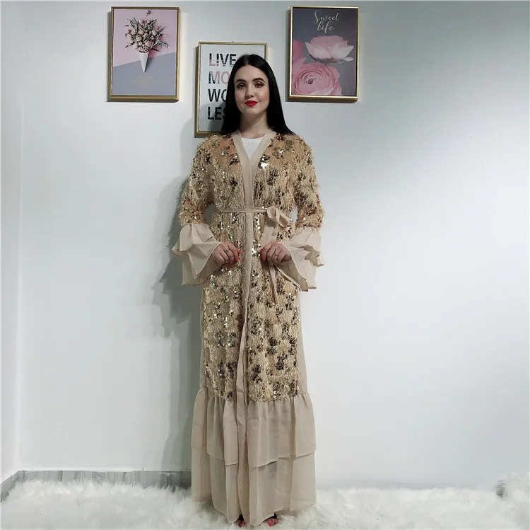 

2019 High quality Beige Dubai design muslim women open abaya party dress with shinny pieces, Beige,navy,wine red,black