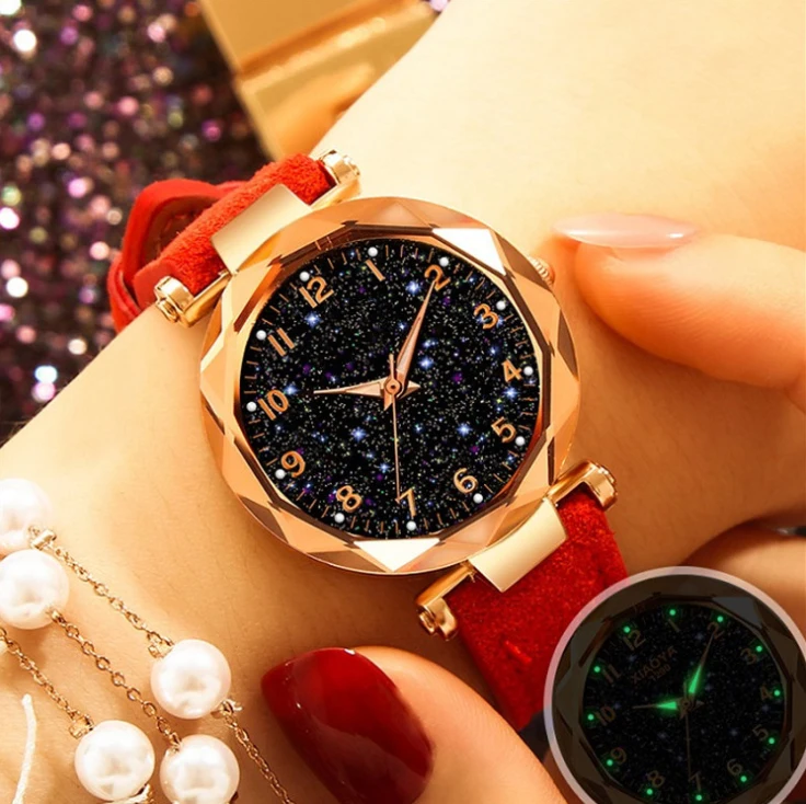 

2019 New Diamond Dial Watch Genuine Leather Strap Luminous women Starry Sky Luxury Brand Watches