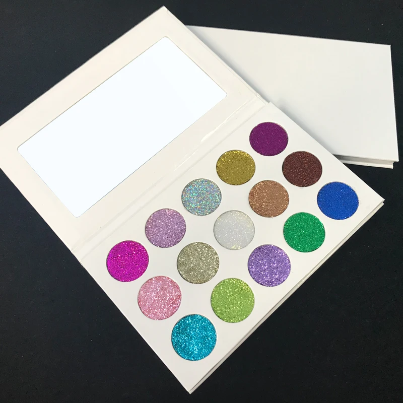 

[Private Label Cosmetic vendors] Premade 15 glam glitter shades/colors waterproof eyeshadow offwhite cardboard palette makeup