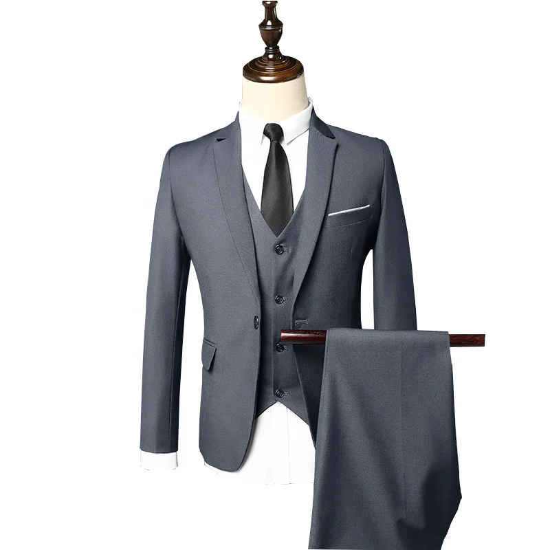

In-Stock Factory New Design 3 Pieces Bespoke Slim Fit Grey Coat Pant Men Suit, Black;grey;red;dark blue
