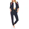 YL OEM unisex track suit navy french terry jacket and slash pocket pants with contrast striping sides for wholesale