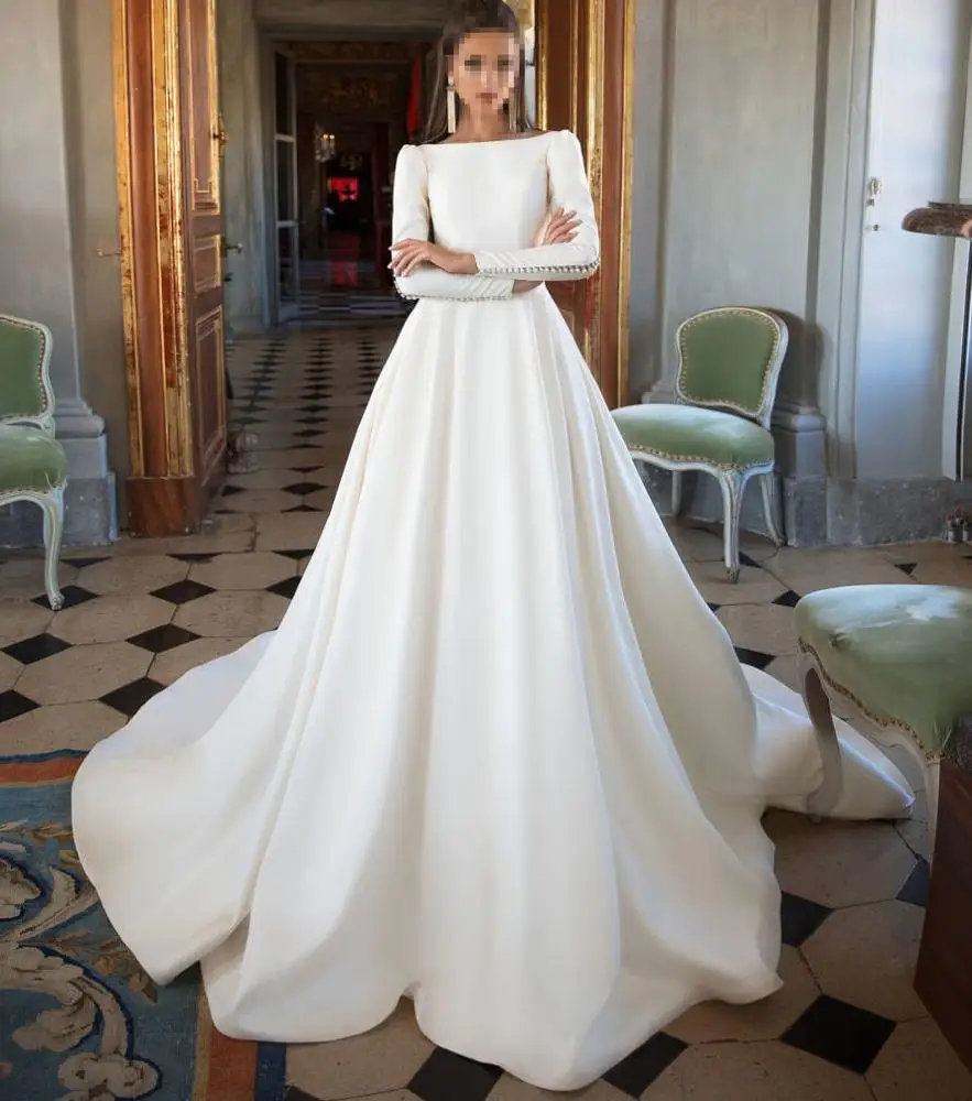 

2021 Stain Wedding Dresses Elegant Bridal Gowns Simple Long Sleeve Wedding Gowns With Long Tail Robe de mariage, White