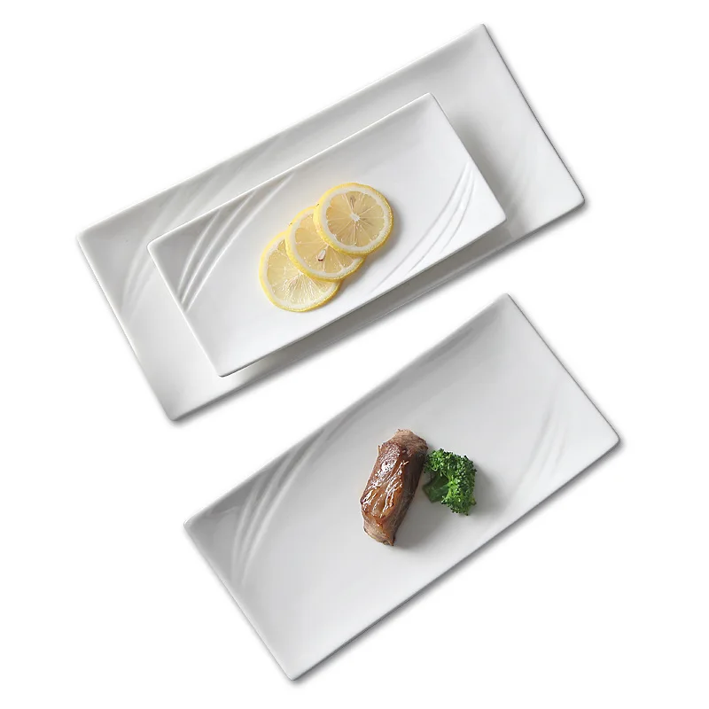 

Custom pure white unique shape rectangle serving ceramic plates restaurant, rectangle ceramic dinner plate with custom logo