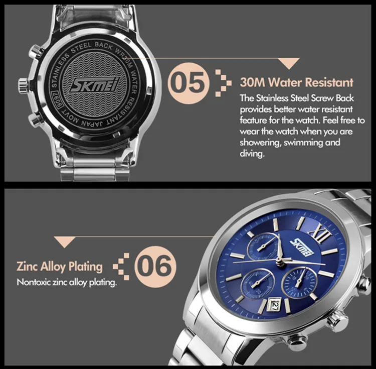 skmei 9097 original fashion waterproof stainless steel  relogio quartz brand watches men luxury