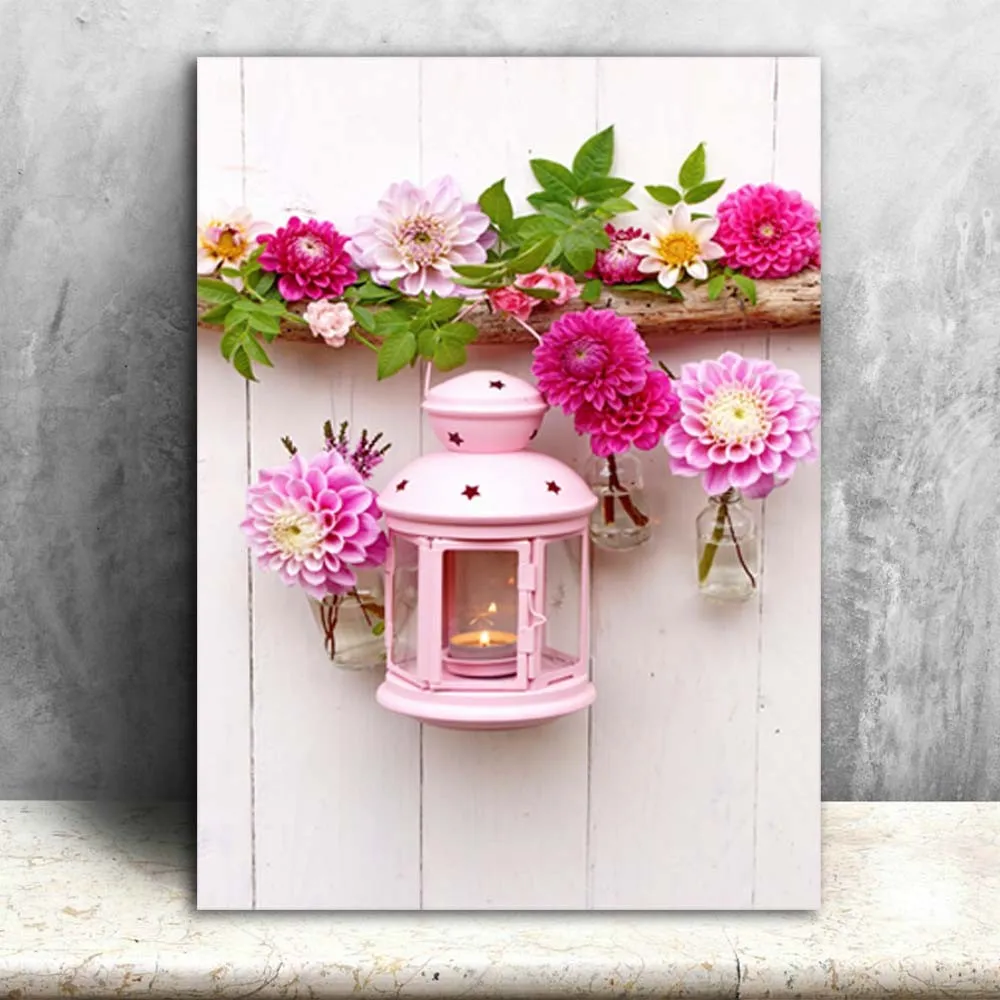 Led Canvas Art Colorful Flowers With Flicking Lantern Wall Painting