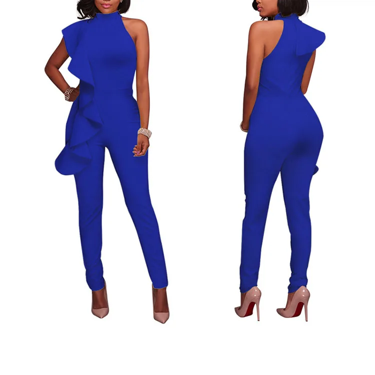 

OEM ODM Custom 2018 Autumn European Style Sexy Tight Halter Long Stylish Jumpsuit With Ruffles, As photo shown or customized
