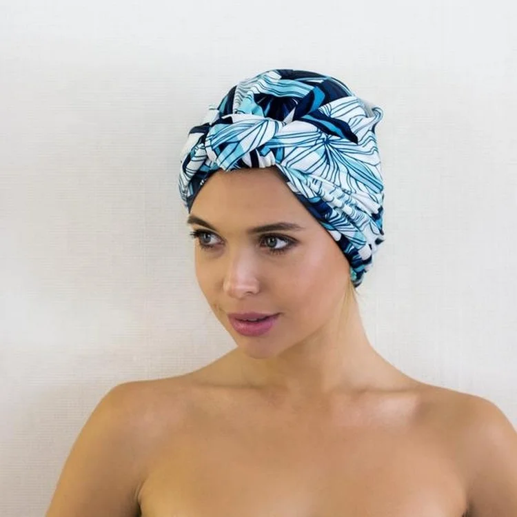 Modern Chic Woman Quick Dry Fabric Bohemian Tropical Botanical Leaf Floral Print Knotted Ladies Luxury Turban Shower Cap