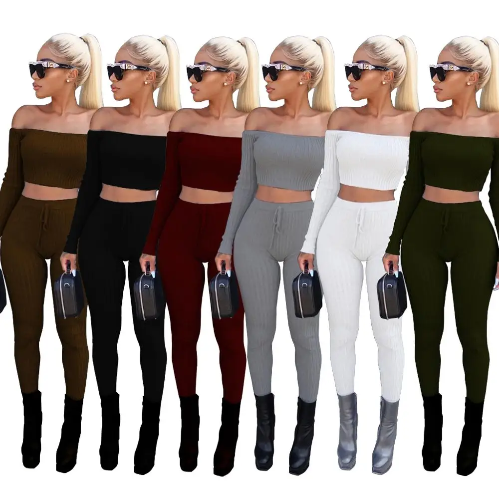 QM330wholesale 6 Color sexy strapless crop top club two piece women set long sleeve tops and pants set 2 piece outfits for women