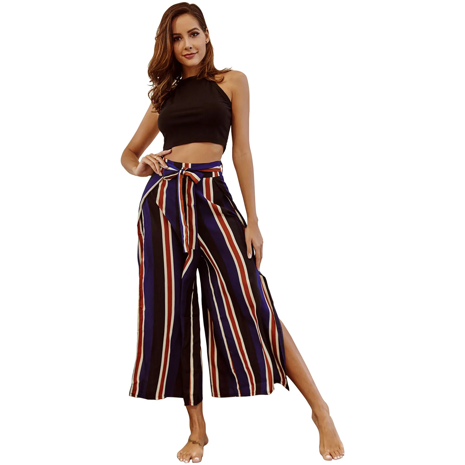 

XL1456 Sexy split striped trousers holiday wide leg pants for girils