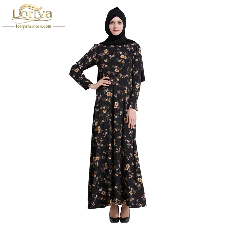 

Muslim women classic abaya small flowers printed abaya kaftan, Black