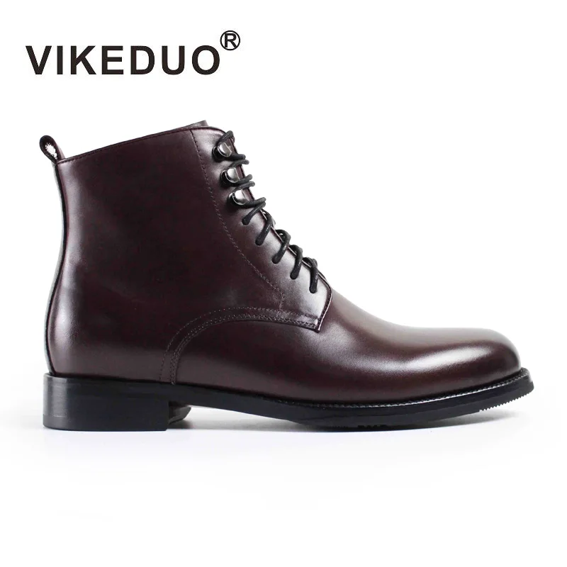 

VIKEDUO Hand Made European Style Lacing Fashion Plain Toe Male Shoes Genuine Cowskin Leather Boots For Men Winter, Wine red