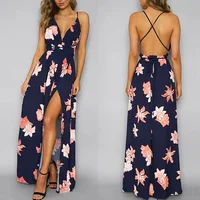

hot sale sexy women backless side split print chiffon long dress