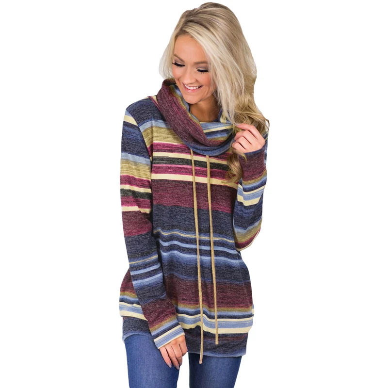 

Fashion Women Casual Multicolor Cowl Neck Long Sleeve Striped Sweatshirt, Customized