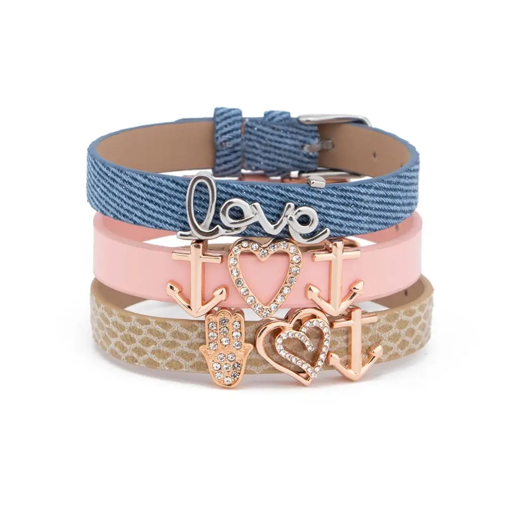 Custom Fashionable Ladies Slider Slide Letter Initial Accessories Leather Charm Bracelets For Women Girls Making