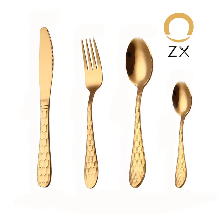 

stainless steel metal gold plated hammered pattern cutlery set with sturdy handle