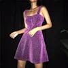 Trendy cool girls purple strap zipper dress, shining party mini dress, Ins style