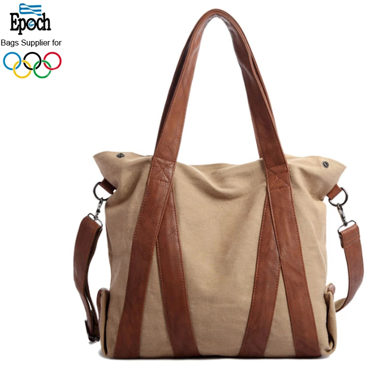 Wholesale Women Khaki Canvas Tote Leather Handbags With Detachable