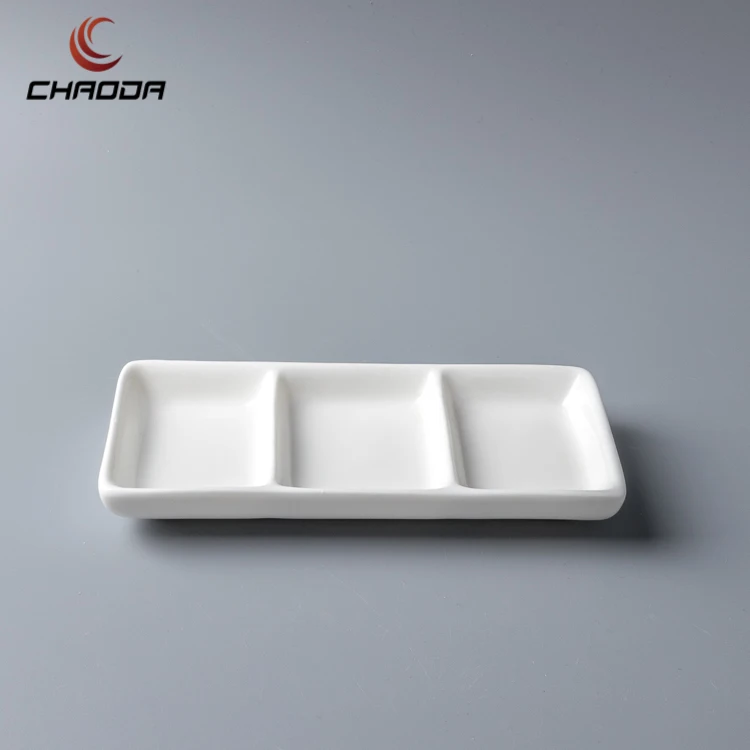 6 Inch Rectangle Sauce Plate Restaurant Three Grid Sauce Saucer 3 Divided Soy Plates Divide Soy