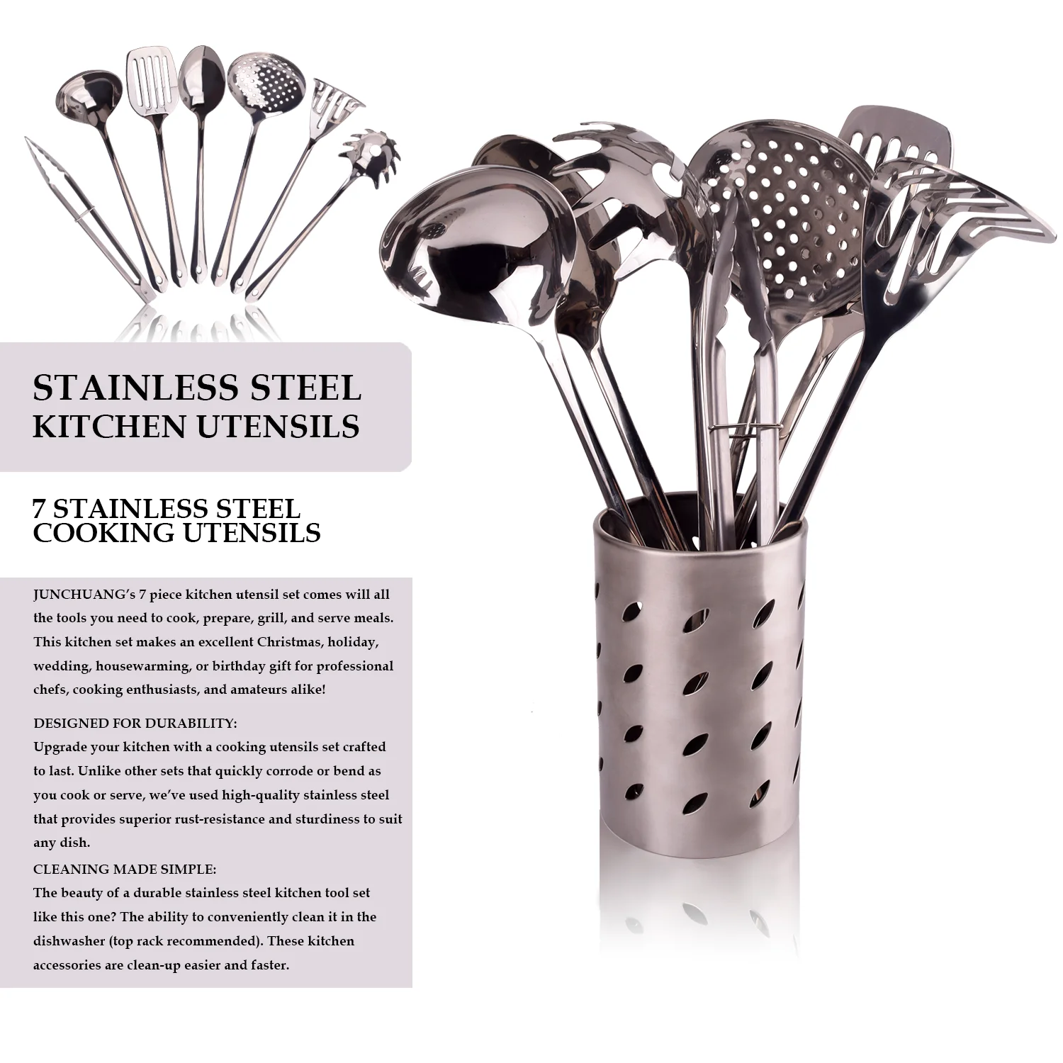 Kitchen Utensil 7 Piece Set With Organization Caddy Stainless Steel